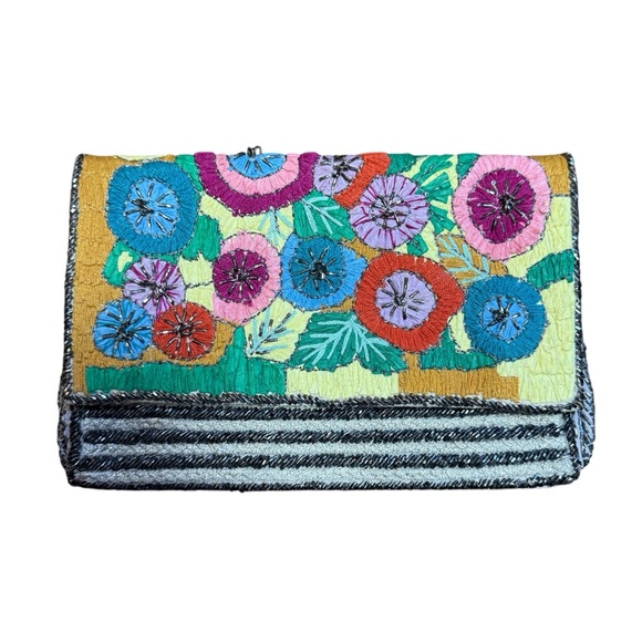 Zara Handbags - Zara Women Embroidered Floral Beaded Clutch Bag Multicolor Foldover Purse